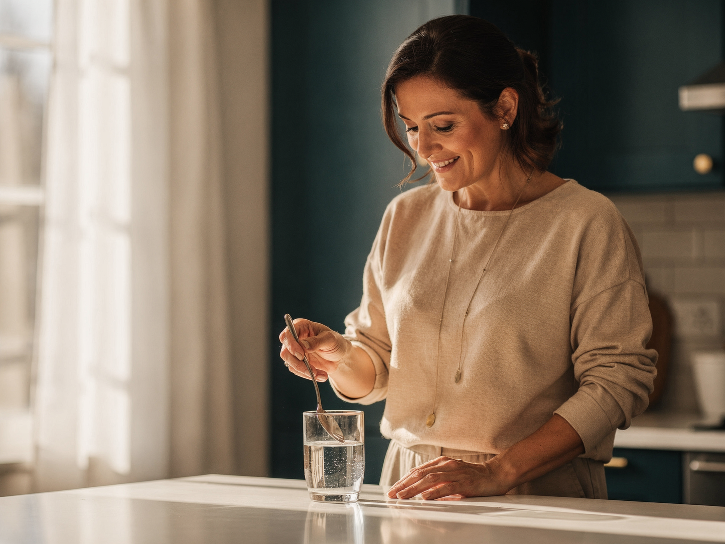 Frau rührt am Küchentresen ein Glas Wasser um, warmes Morgenlicht
