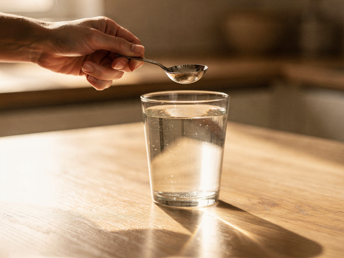 Nahaufnahme: Hände mit Messlöffel über einem Glas Wasser