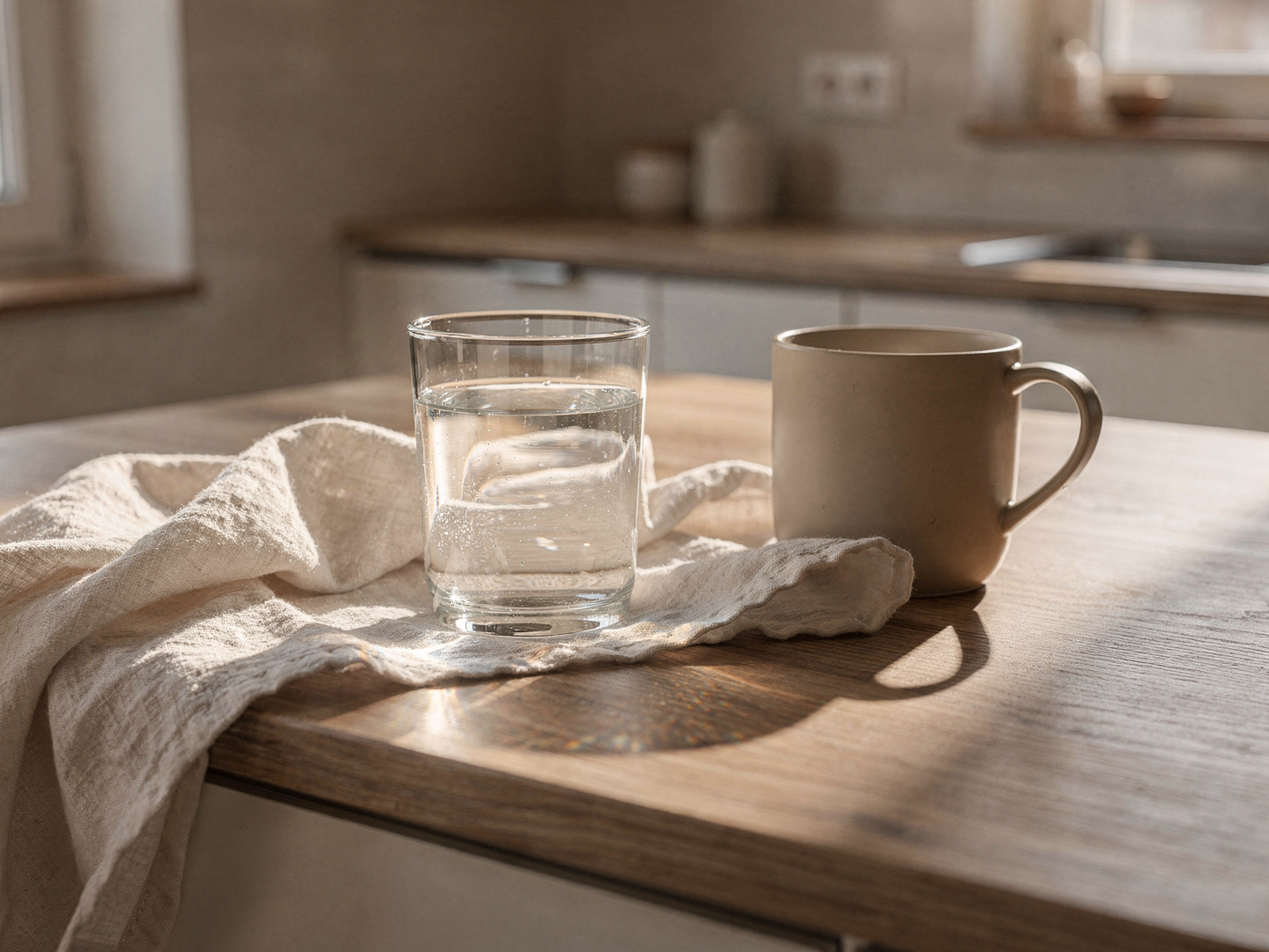Warme Küche im Morgenlicht, Glas Wasser und Tasse auf Holz