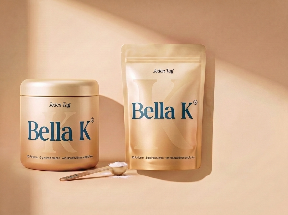 Bella K Kreatin-Monohydrat – Dose und 180g Beutel mit Messlöffel