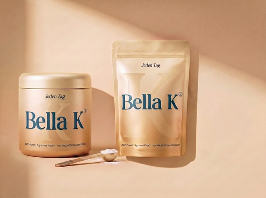 Bella K Kreatin-Monohydrat – Dose und 180g Beutel mit Messlöffel